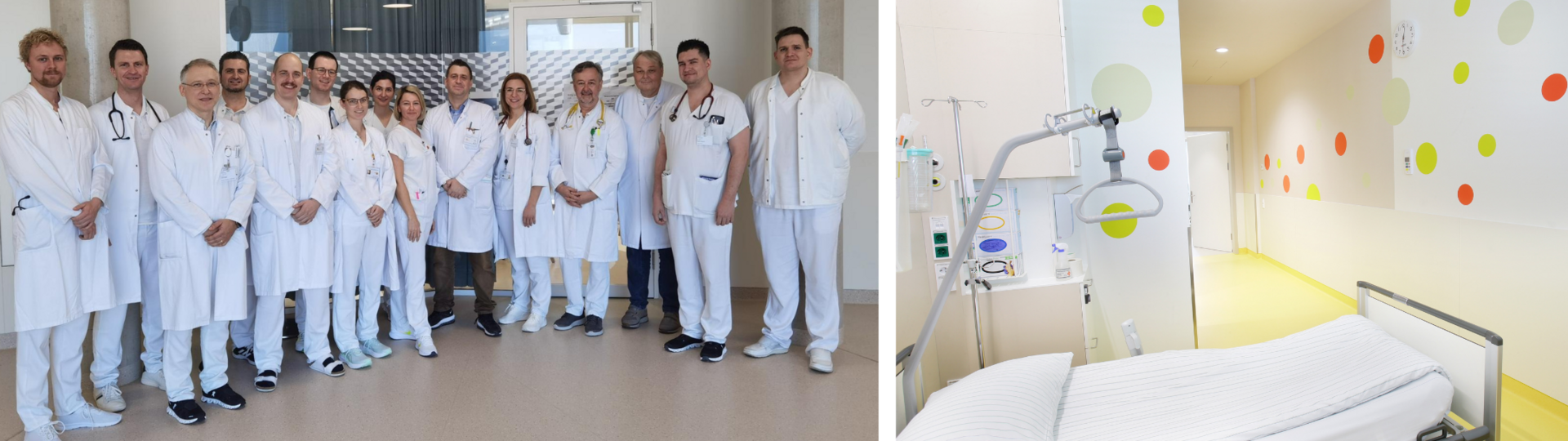 Bild 1: Gruppenfoto Abteilung Onkologie und Palliativmedizin, Foto 2: Stationszimmer