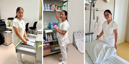 Collage von drei Bildern mit je einer Praktikantin von den Philippinen