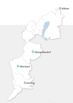 Umriss der burgenländischen Karte mit vier Standorten der Gesundheit Burgenland eingezeichnet