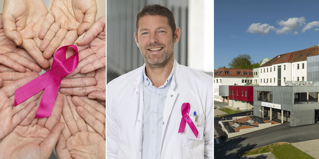 Fotos: Erwin Muik Fotocollage mit drei Bildern: 1. viele Hände die eine rosa Schleife halten, 2. Dr. Uranitsch, 3. Klinik Güssing von außen
