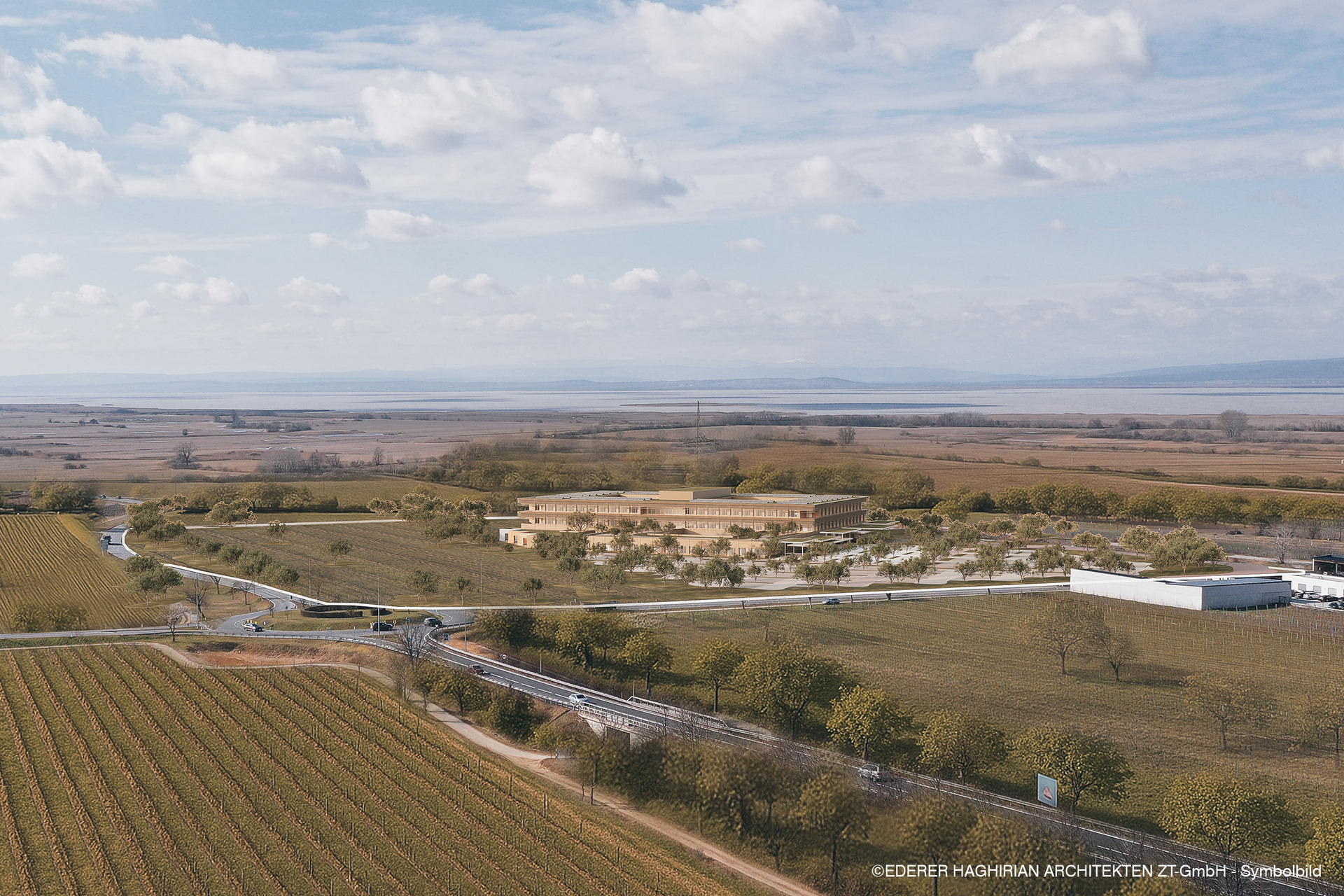 Foto: ©EDERER,HAGHIRIAN Architekten ZT-GmbH_KGO_Standort Rendering der künftigen Klinik Gols in die Landschaft eingebettet