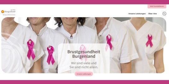 Screenshot der neuen Webseite der Brustgesundheit Burgenland, auf der Ausschnitte mehrere Frauen in weißer Kleidung mit rosa Schleifen zu sehen sind