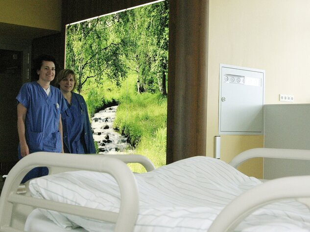Foto: Gesundheit Burgenland: Kiss und Hejret in der damals neuen Intensivstation (Archivbild). Zwei Personen stehen in der Intensivstation Kittsee