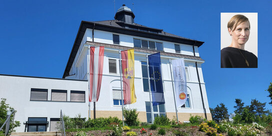 Die Klinik Oberpullendorf von außen, in einem kleinen Bild rechts oben ist Primaria D.in Eva Pavelka zu sehen