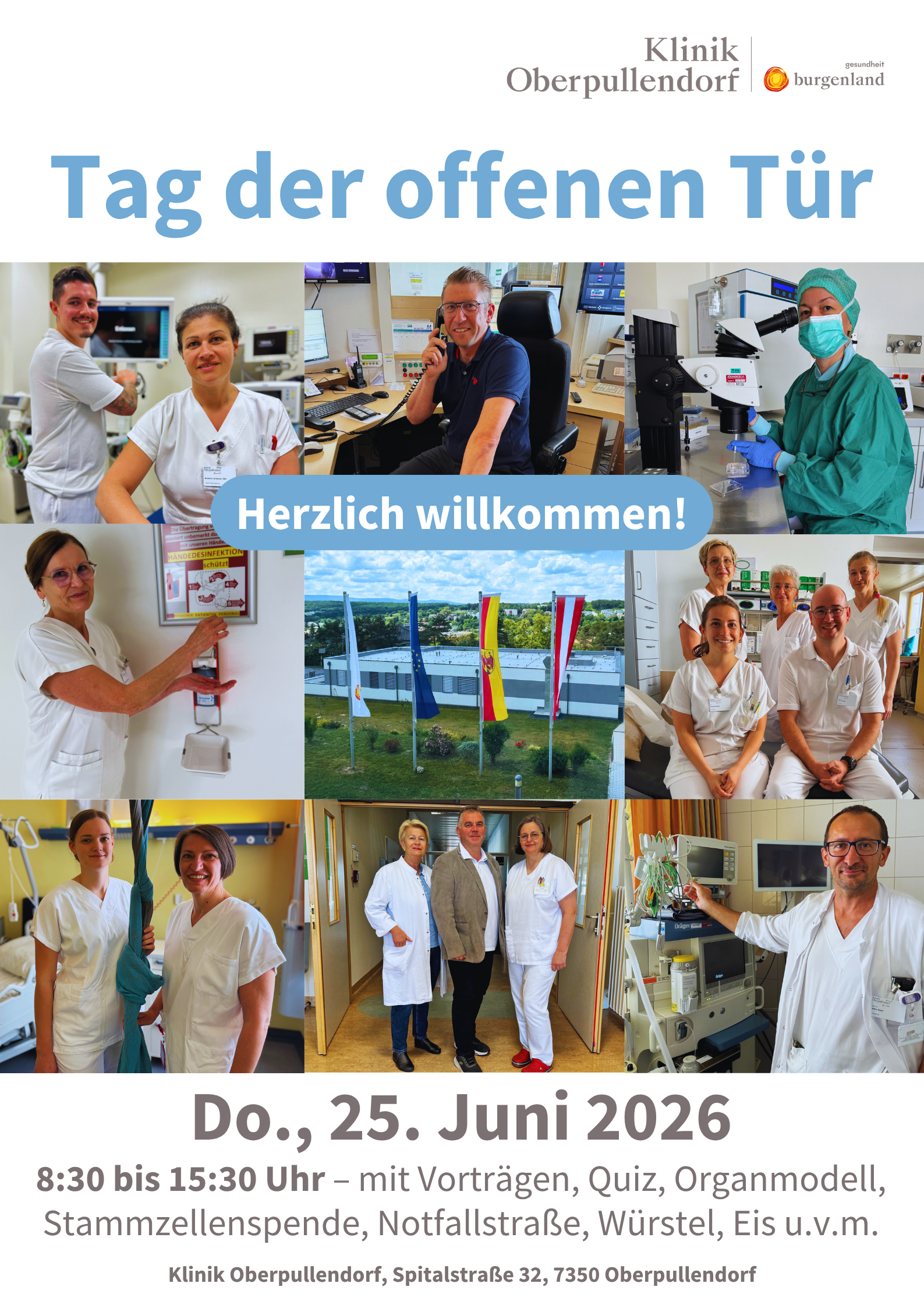 Plakat mit Collage aus Bildern der Abteilungen der Klinik Oberpullendorf