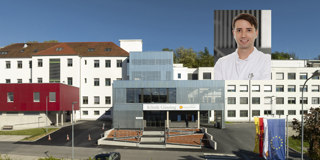 Die Klinik Güssing plus ein Porträtfoto von Primar Dragosits