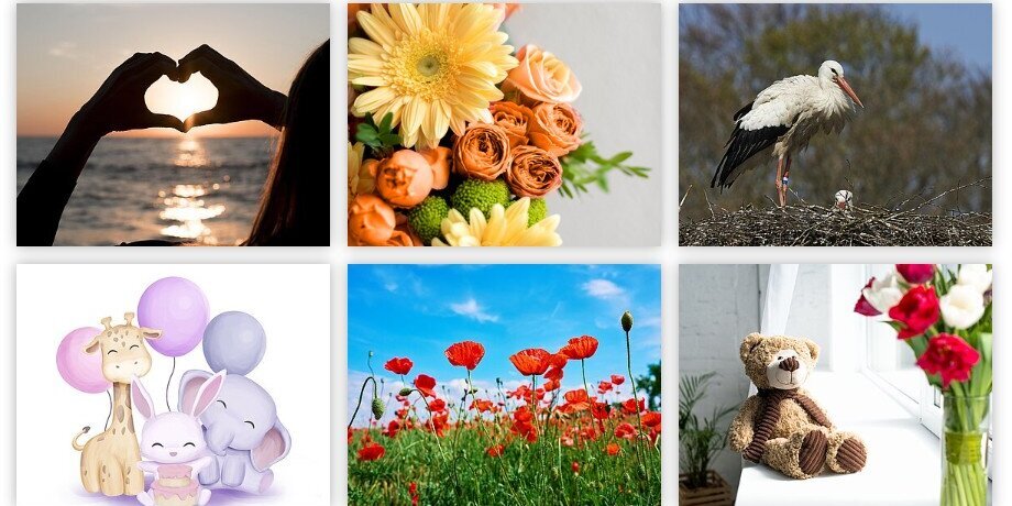 Neun verschiedene Kartensujets u.a. mit Blumen, Herzen, Luftballons, Storch, Teddybär und Landschaft