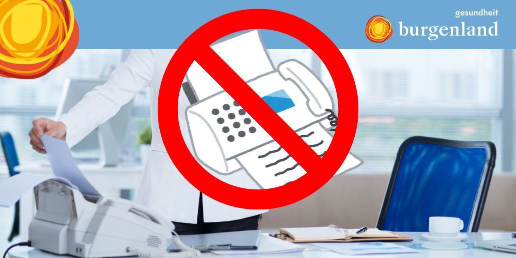 Bürosetting mit Faxgerät und einer Zeichnung eines durchgestrichenen Faxgerätes