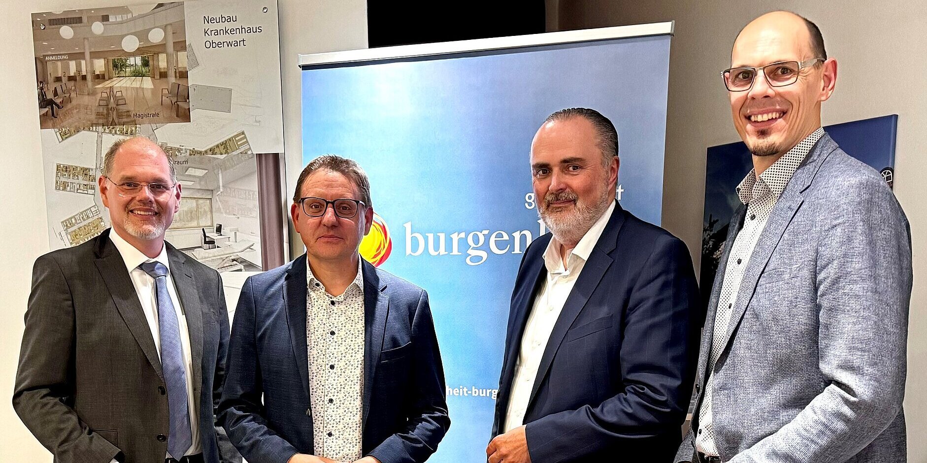 Im Bild v. li.: Gesundheit-Burgenland-Geschäftsführer Franz Öller, Landesholding-Burgenland-Technik-Geschäftsführer Gerald Goger, Lenkungsausschussvorsitzender Landeshauptmann Hans Peter Doskozil und Bauteamleiter Josef Strohmaier        