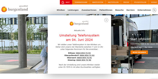 Bild der Klinik Oberwart im Hintergrund, vorne die Info, dass es eine Telefonumstellung gibt