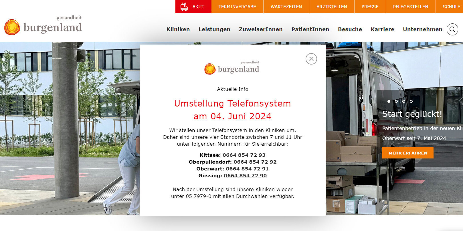Bild der Klinik Oberwart im Hintergrund, vorne die Info, dass es eine Telefonumstellung gibt