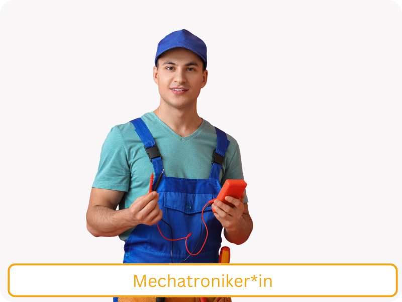 Lehrlingsausbildung Mechatroniker (Junger Mann mit Messgeräte, blauer Latzhose und blauem Cap)