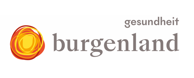 Gesundheit Burgenland Logo: Bunte Sonne, grauer Text (Gesundheit Burgenland) auf weißem Hintergrund